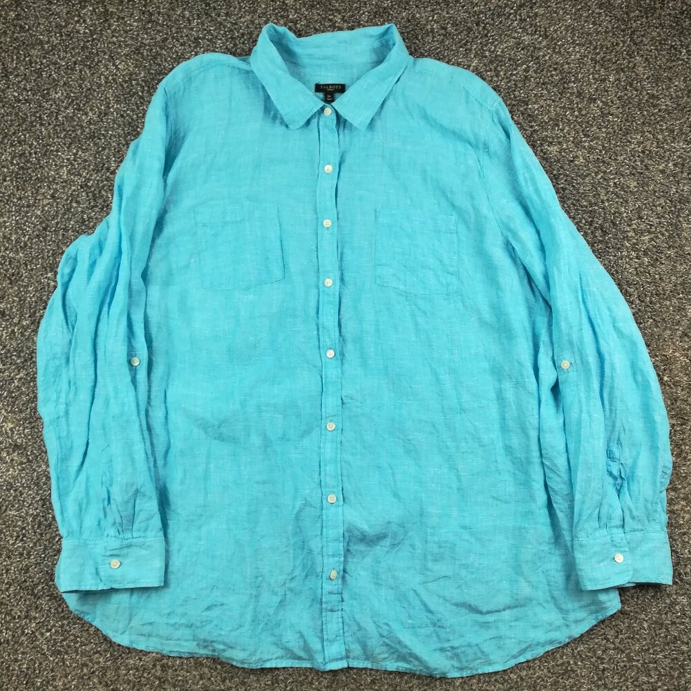 Talbots Blouse Shirt 100% Linen Button Up Roll Tabs Long Sleeve Womens 3X